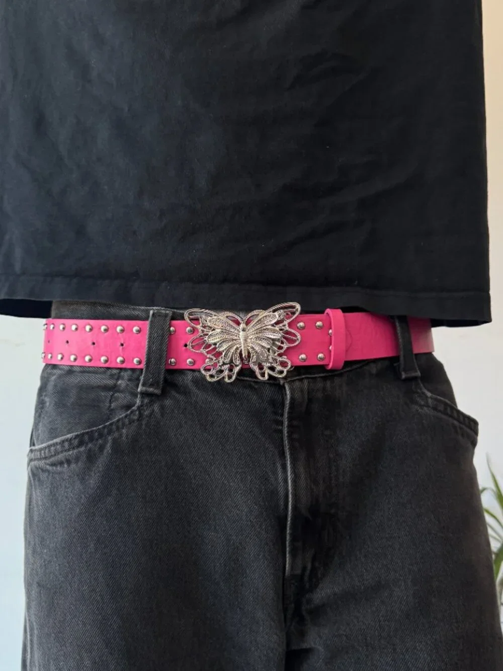 Hot Pink Rhinestone Butterfly Buckle Belt